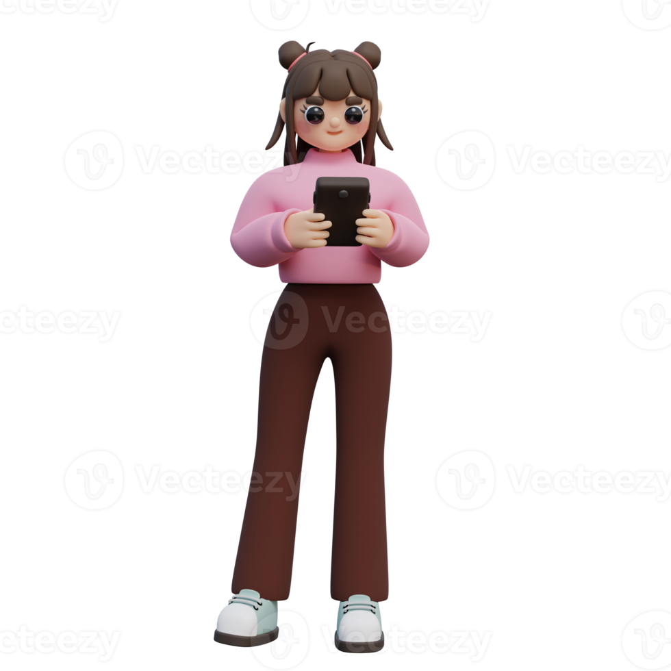 3D Illustration of Young Girl Walk and Looking at Smartphone. Character Using a Mobile Device. png