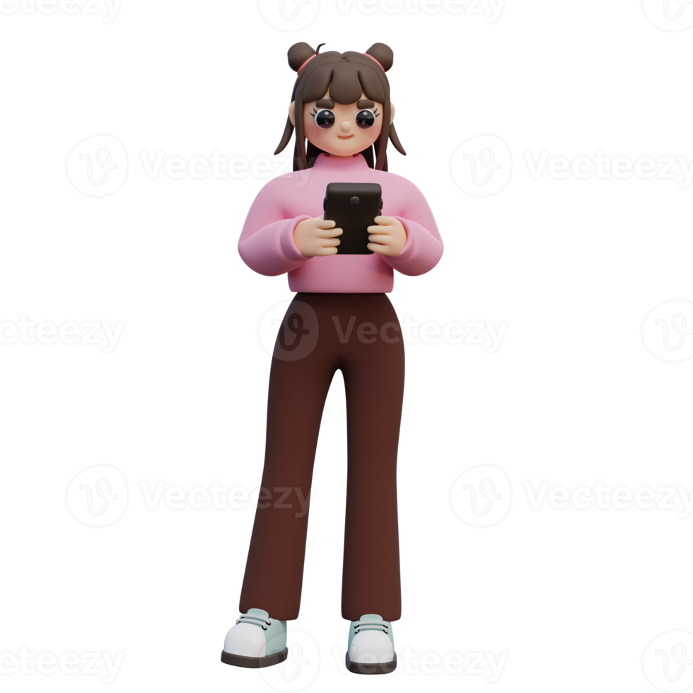 3d ilustração do jovem menina andar e olhando às Smartphone. personagem usando uma Móvel dispositivo. png