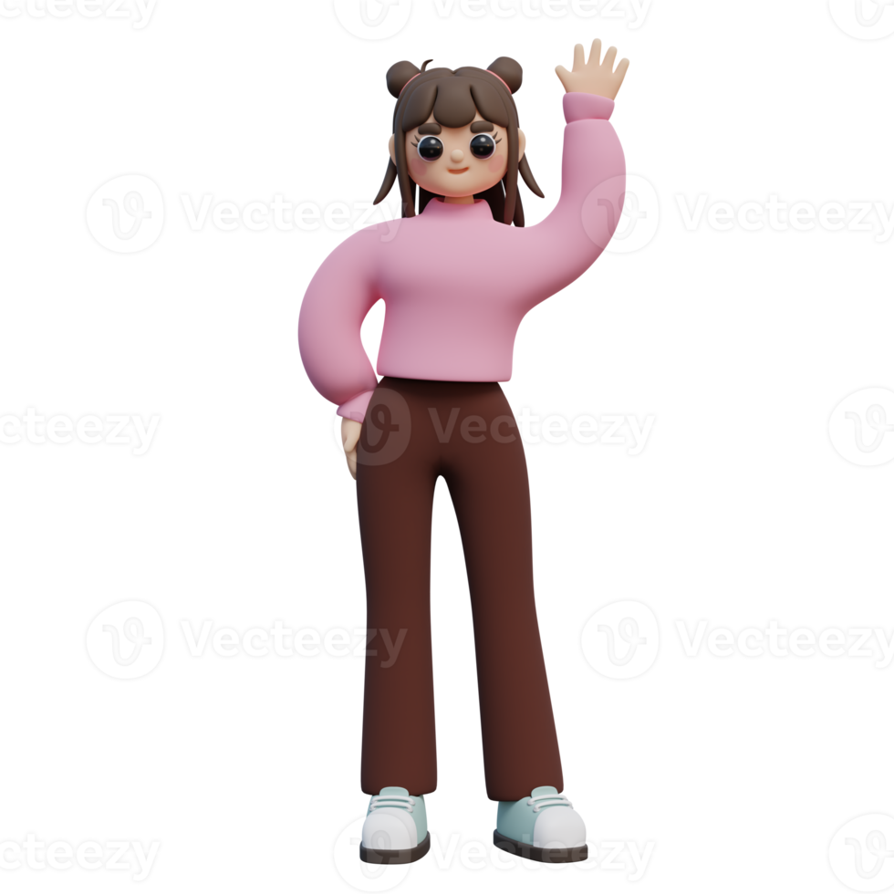 3D Illustration of Young Girl Stand and Waving Hand png