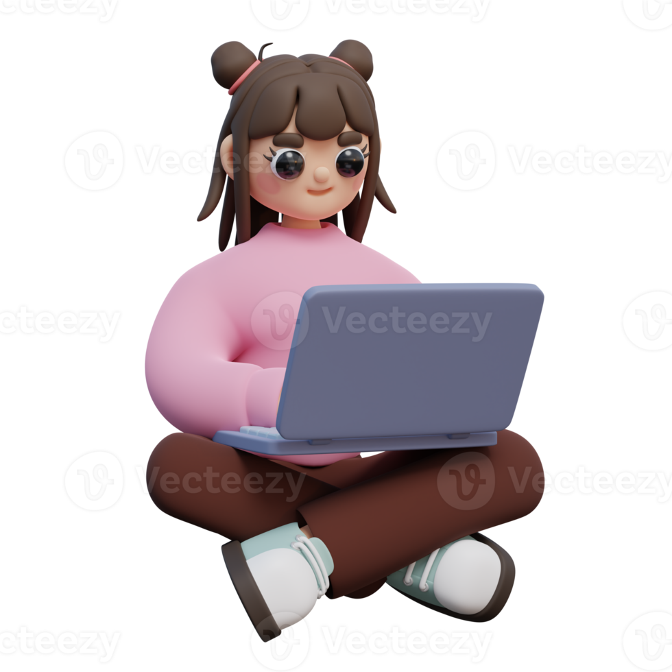 3D Illustration of Girl Sit and Holding a Laptop on Lap. Happy Young Woman in Pink Sweater png