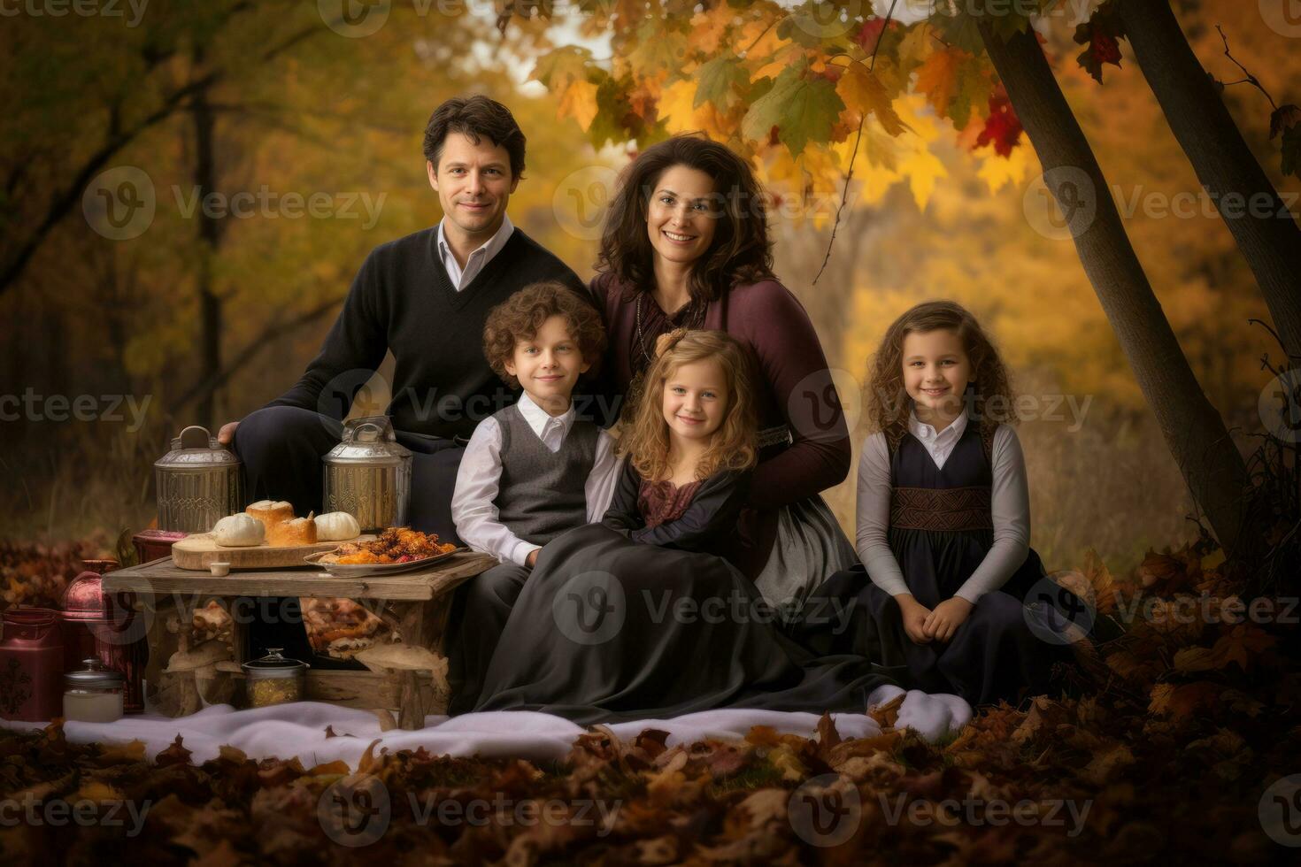 A collection of family portraits set in a beautiful outdoor autumn scene, encapsulating the essence of the Thanksgiving season. Generative AI photo