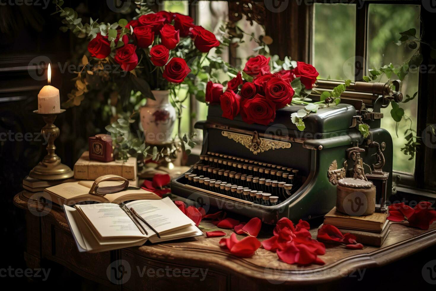 A vintage desk covered in love letters, red roses, and elegant quills, creating an atmosphere of timeless romance. Generative Ai photo