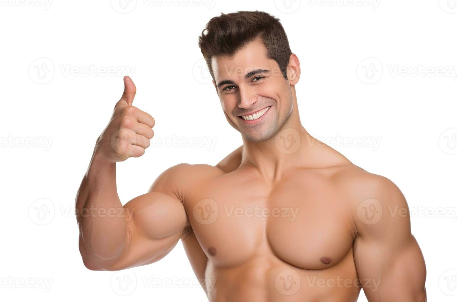 Joyful muscular man, sporting short hair, positioned against a transparent background. He is approval by giving a thumbs up with hand. Generative AI photo