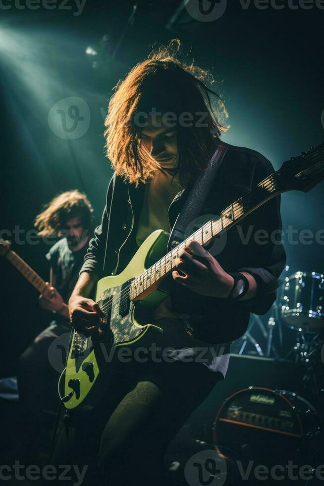 A grunge band performing on stage, capturing the raw energy and nostalgic spirit of '90s alternative music. Generative Ai photo
