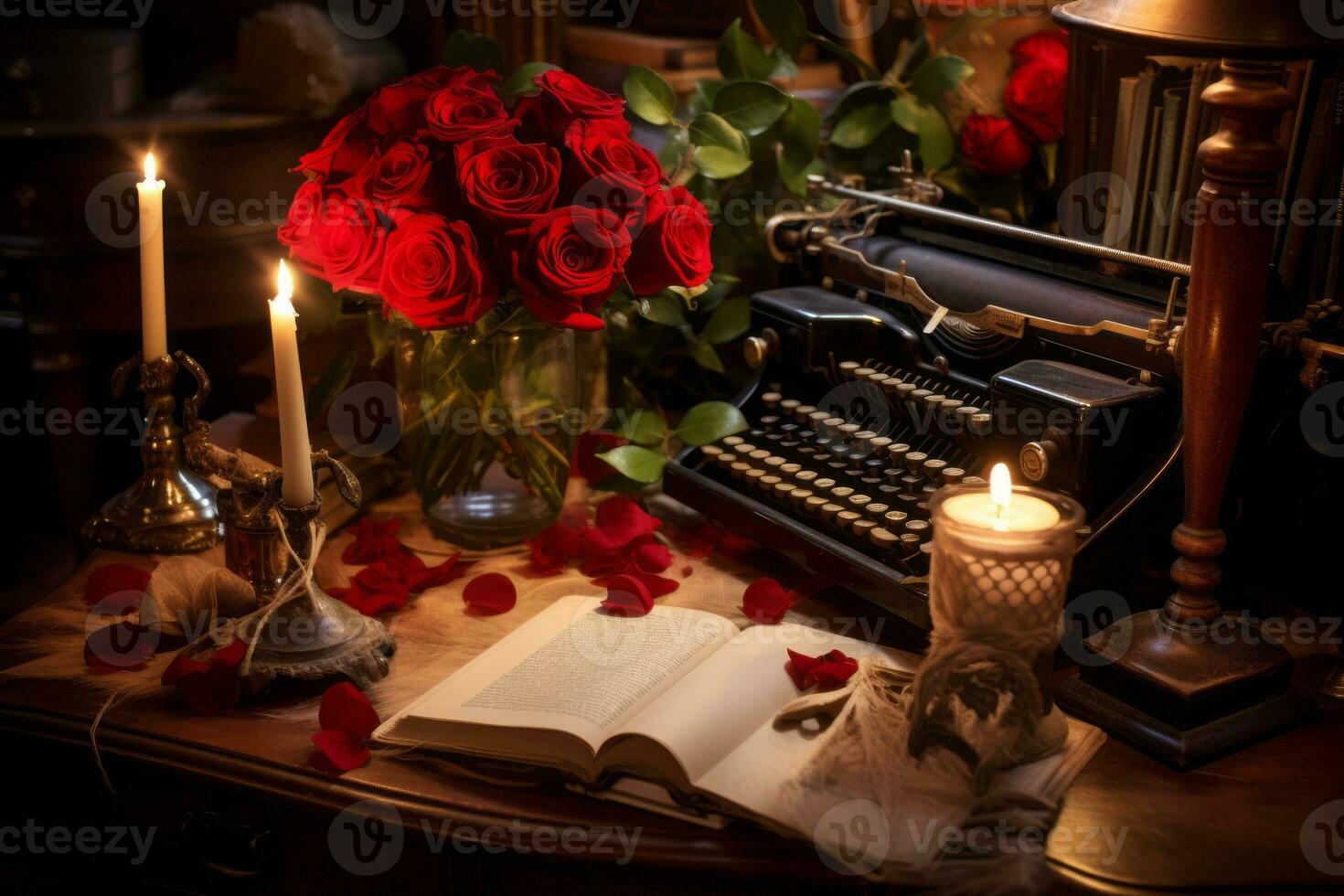 A vintage desk covered in love letters, red roses, and elegant quills, creating an atmosphere of timeless romance. Generative Ai photo
