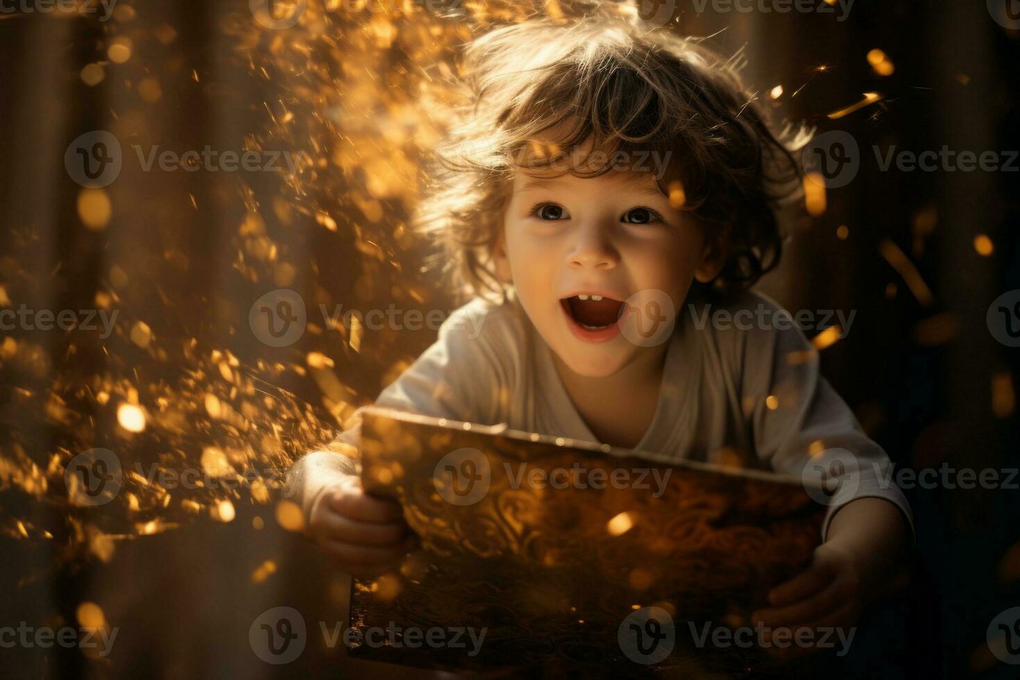 A child opening a gift box, with a burst of magical light and excitement emerging from within. Generative AI photo