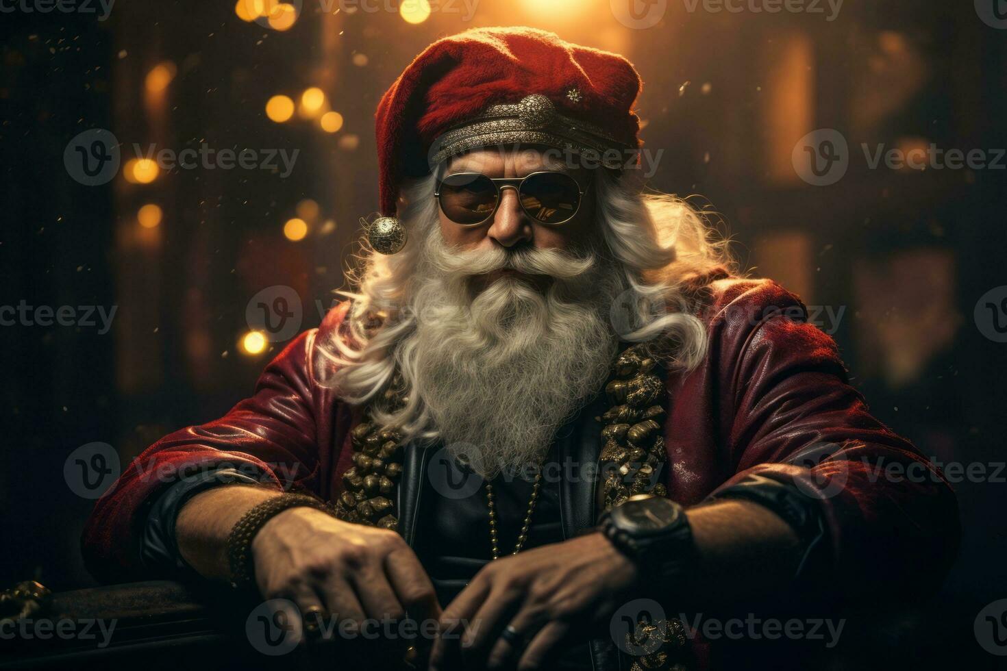 Rugged and cool interpretation of Santa Claus. He is wearing sunglasses and red leather jacket. Alternative bad Santa Claus. Generative AI photo