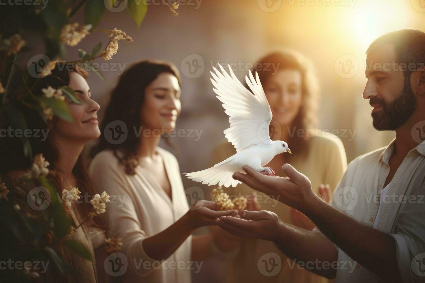 un esencia de internacional día de paz con diverso personas participación blanco palomas o aceituna ramas en contra un pacífico antecedentes. generativo ai foto