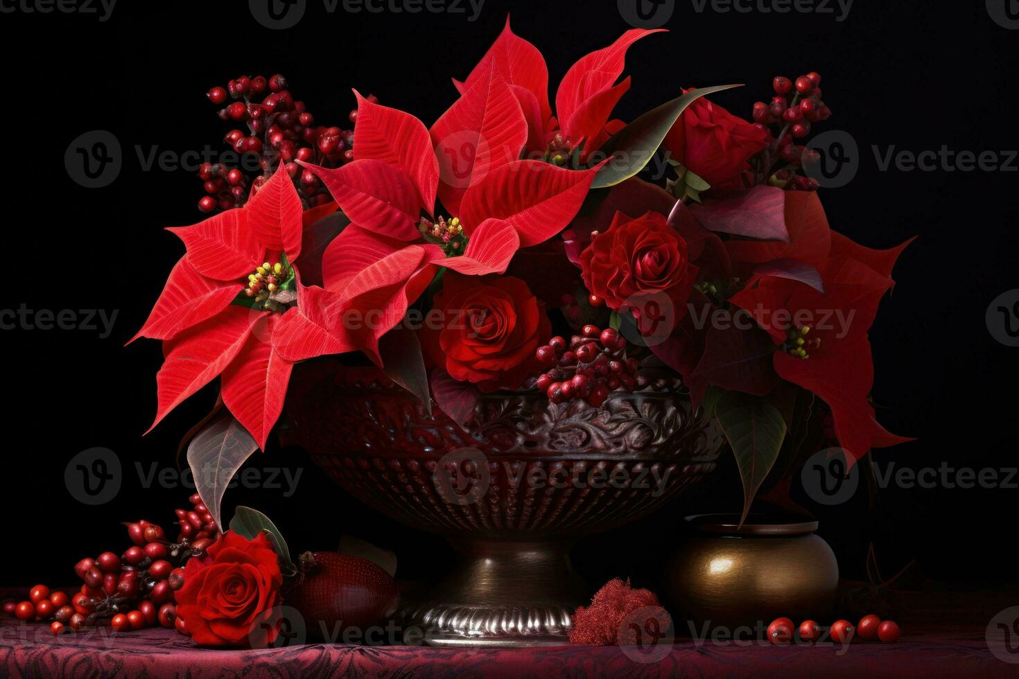 Showcasing poinsettias as part of holiday home decor, such as adorning mantels, windowsills, and staircases. Generative Ai photo