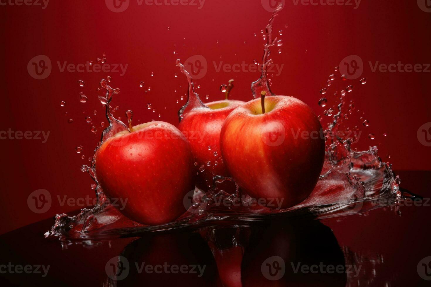 Water splashing on red apples over red background. Generative AI photo