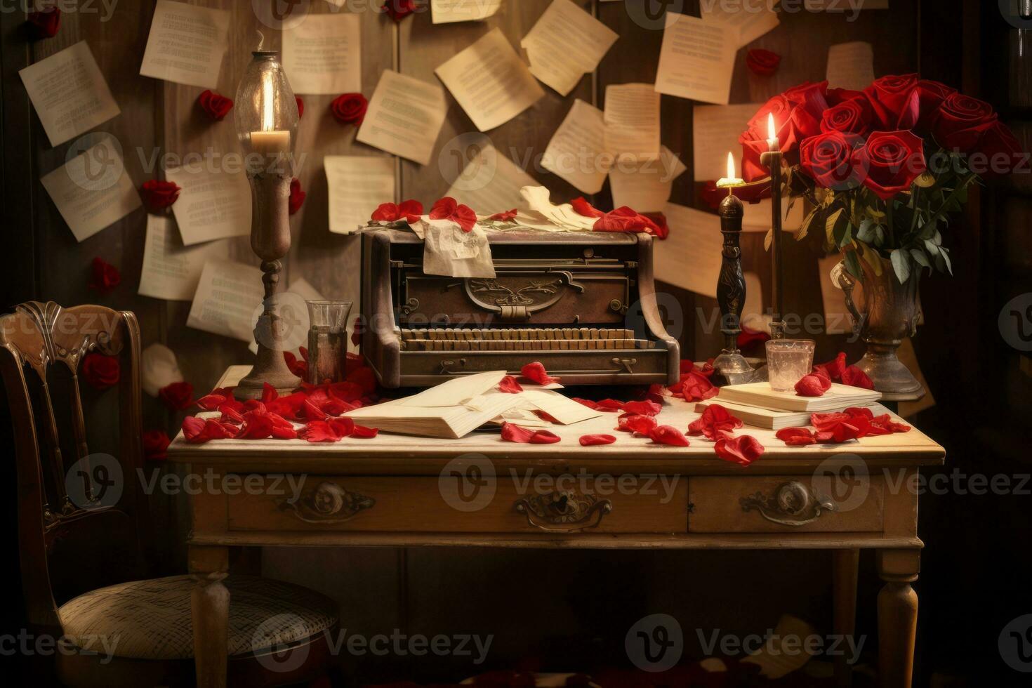A vintage desk covered in love letters, red roses, and elegant quills, creating an atmosphere of timeless romance. Generative Ai photo
