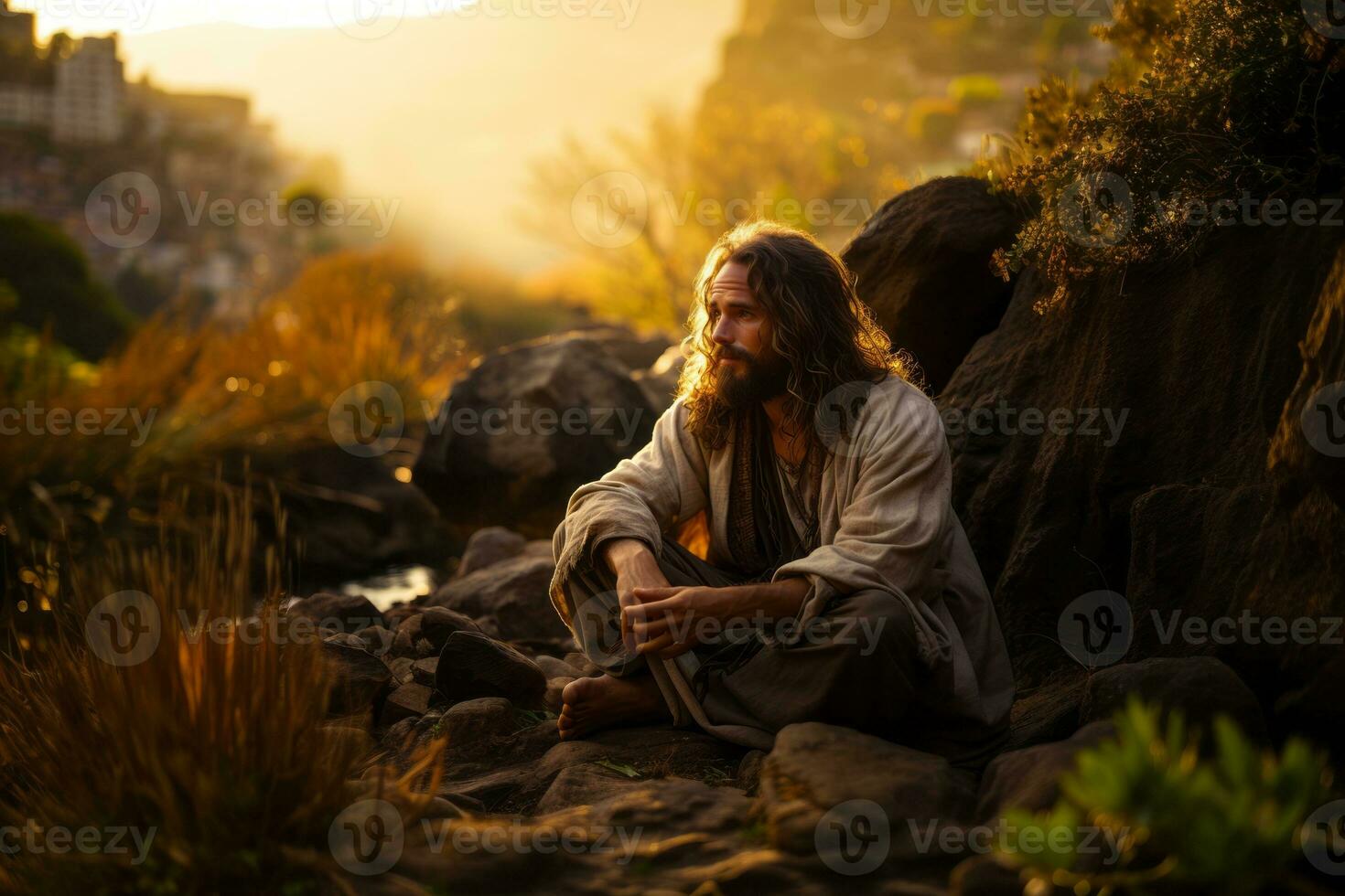 Jesus in a serene moment of silent contemplation in the wilderness surrounding Nazareth, portraying a sense of spiritual connection and introspection. Generative Ai photo