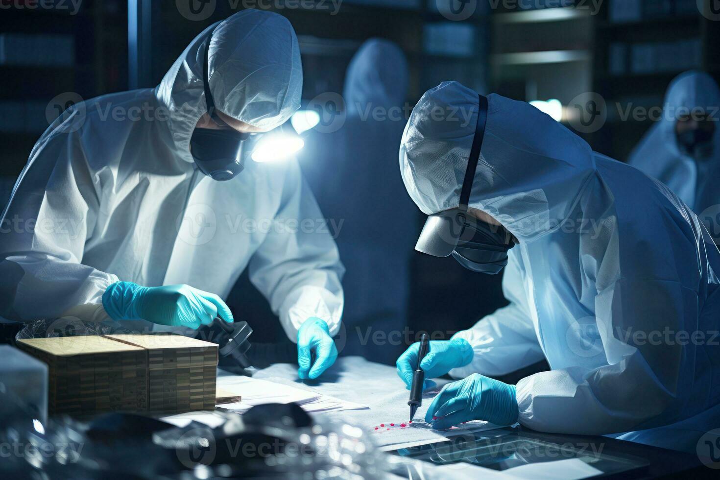 Forensic experts examining evidence in a well-lit and professional environment. Generative Ai photo