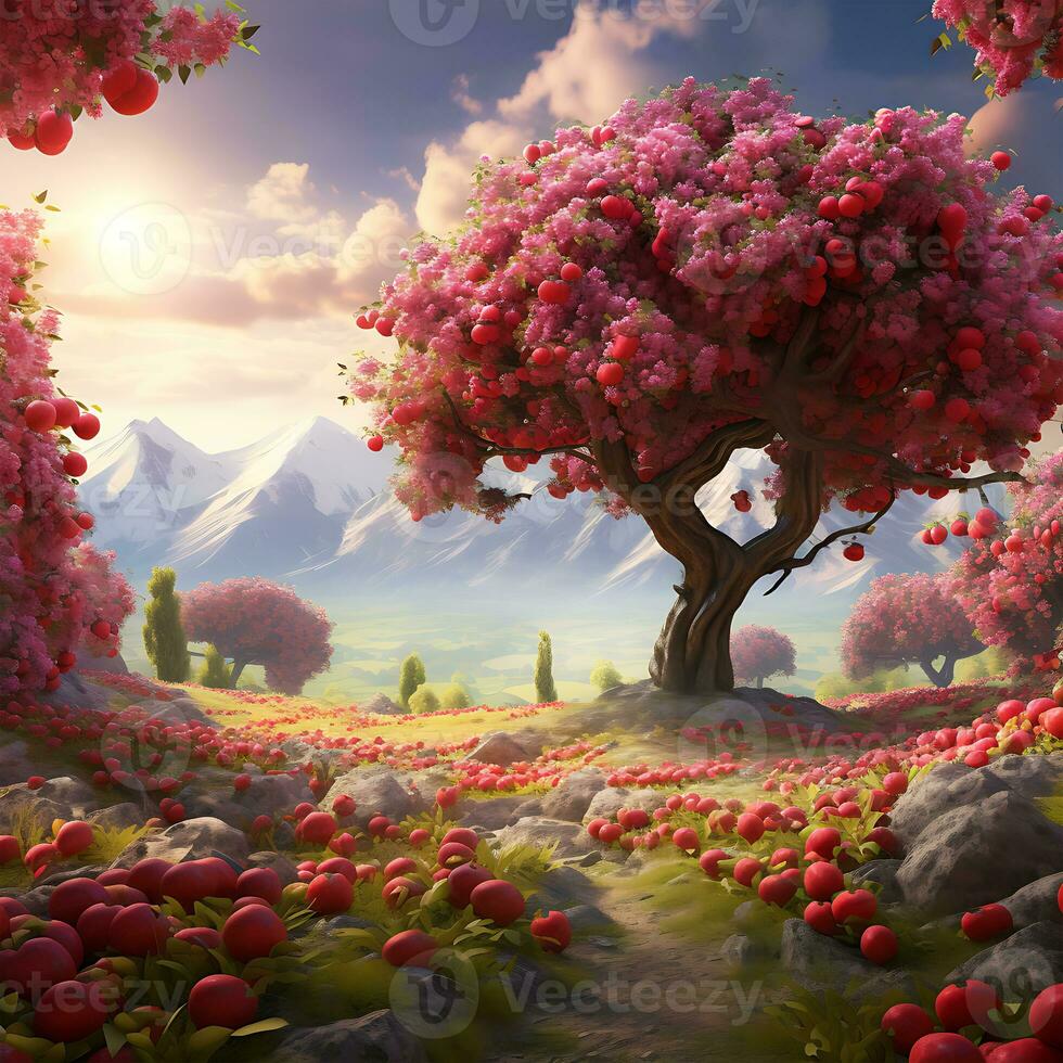 Lots of Red apple trees Garden Kashmir fantasy beautiful background photo