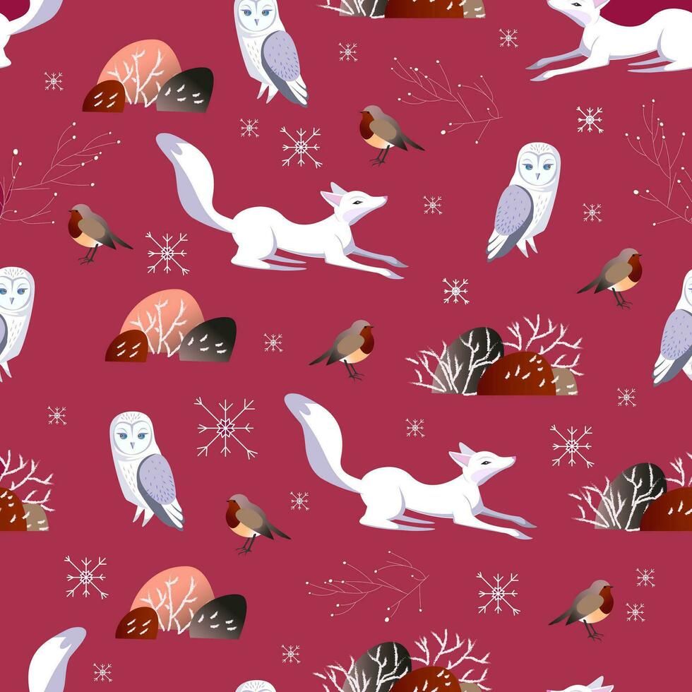 Seamless vector pattern with cute woodland Animals. Happy Fox and Cute Owl. Winter atmosphere. Scandinavian illustration. Perfect for textile, wallpaper or print design. Red Background