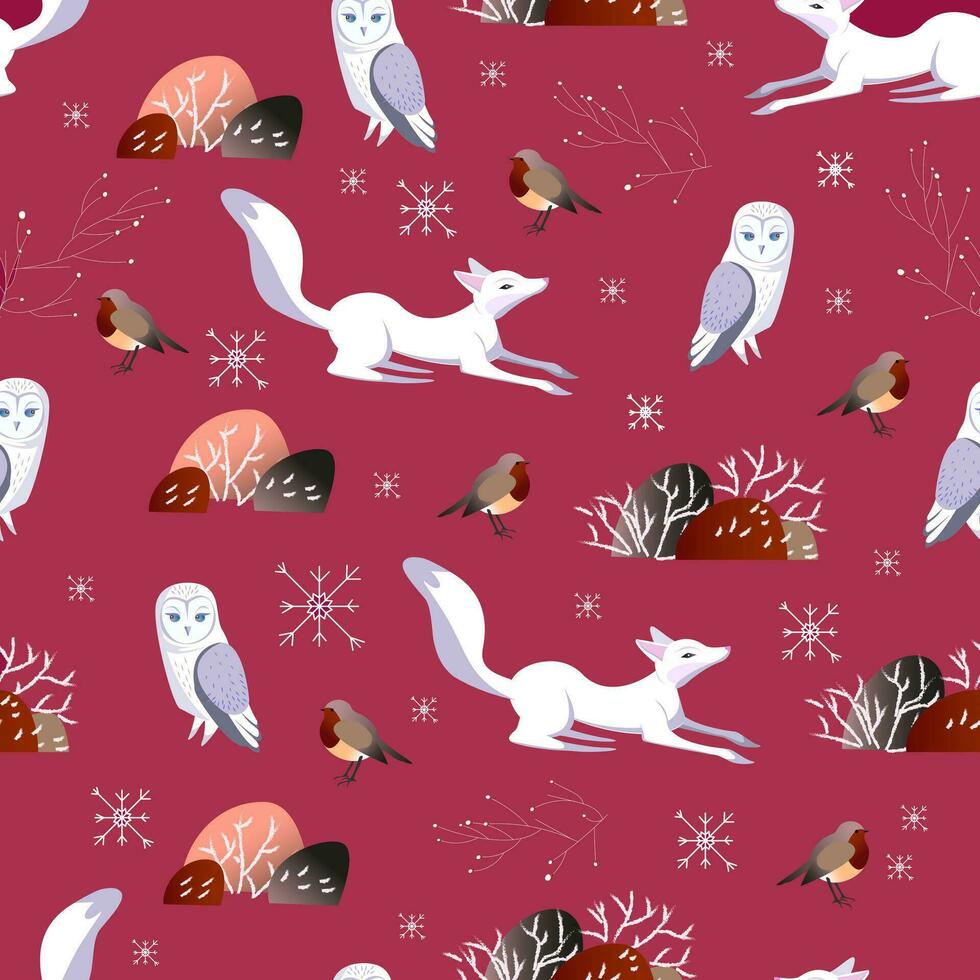 Seamless vector pattern with cute woodland Animals. Happy Fox and Cute Owl. Winter atmosphere. Scandinavian illustration. Perfect for textile, wallpaper or print design. Red Background