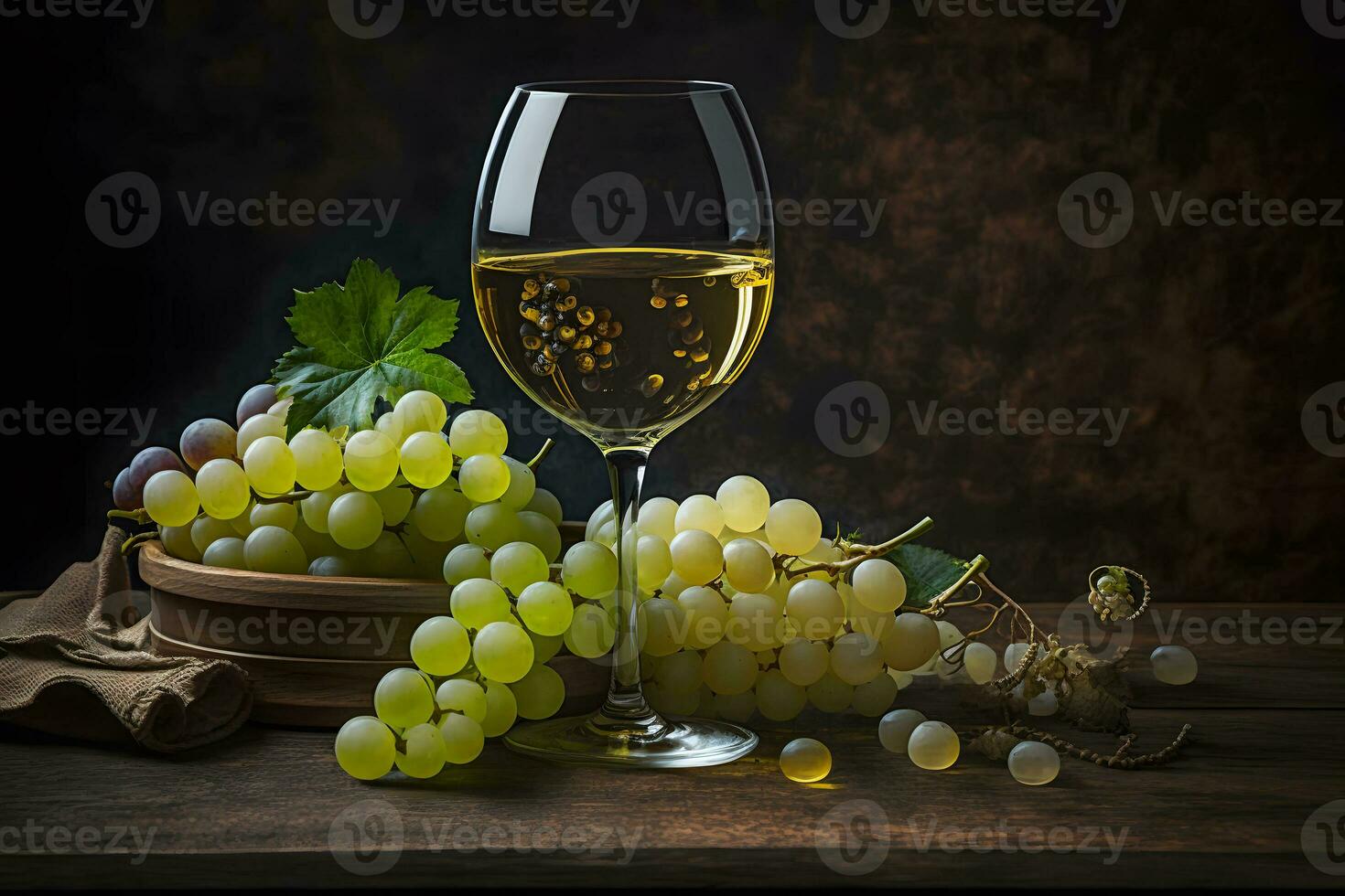 glass of dry White wine ripe grapes and glass on table in vineyard. Neural network AI generated photo