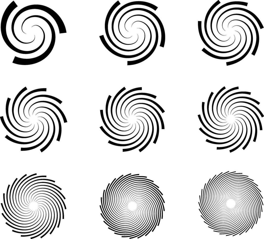 Spiral and swirl motion twisting circles design element set. Vector illustration.