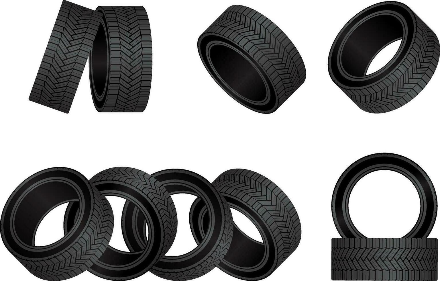 Realistic tire fitting vector design. Black rubber wheels tyres for car service station.