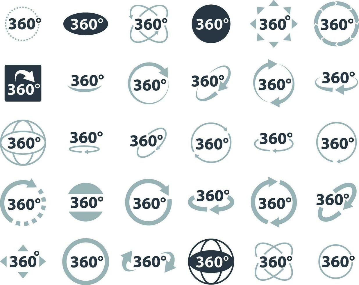 360 degrees icon set. Rotate arrow, VR reality panoramic symbol. Wide degree view icons. Virtual tour or game vector sign.