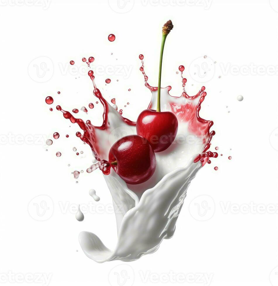 ai generative Cherry in milk splash isolated on white background. 3d illustration photo