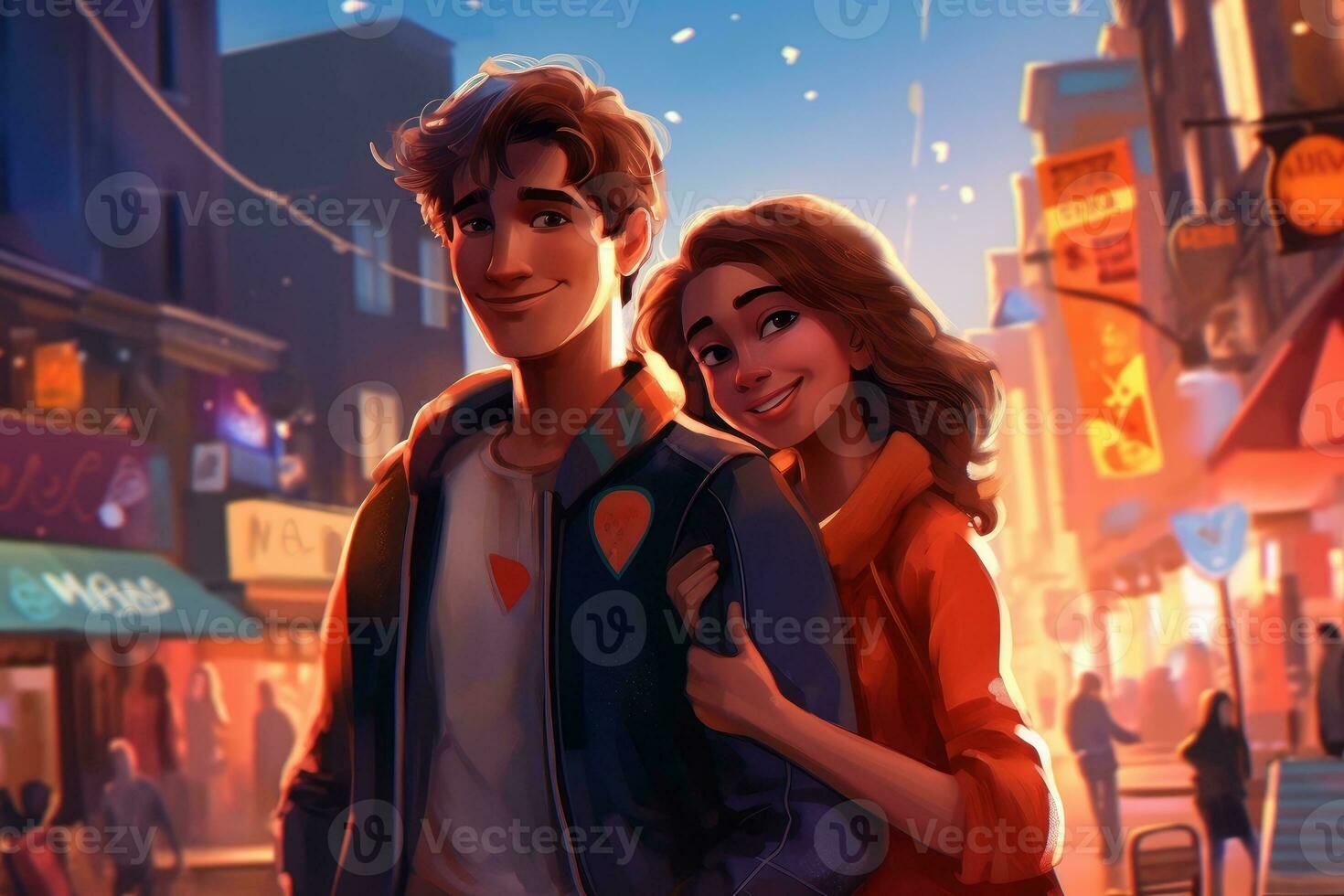 Couple of lovers on a city street. 3d rendering. ai generative photo