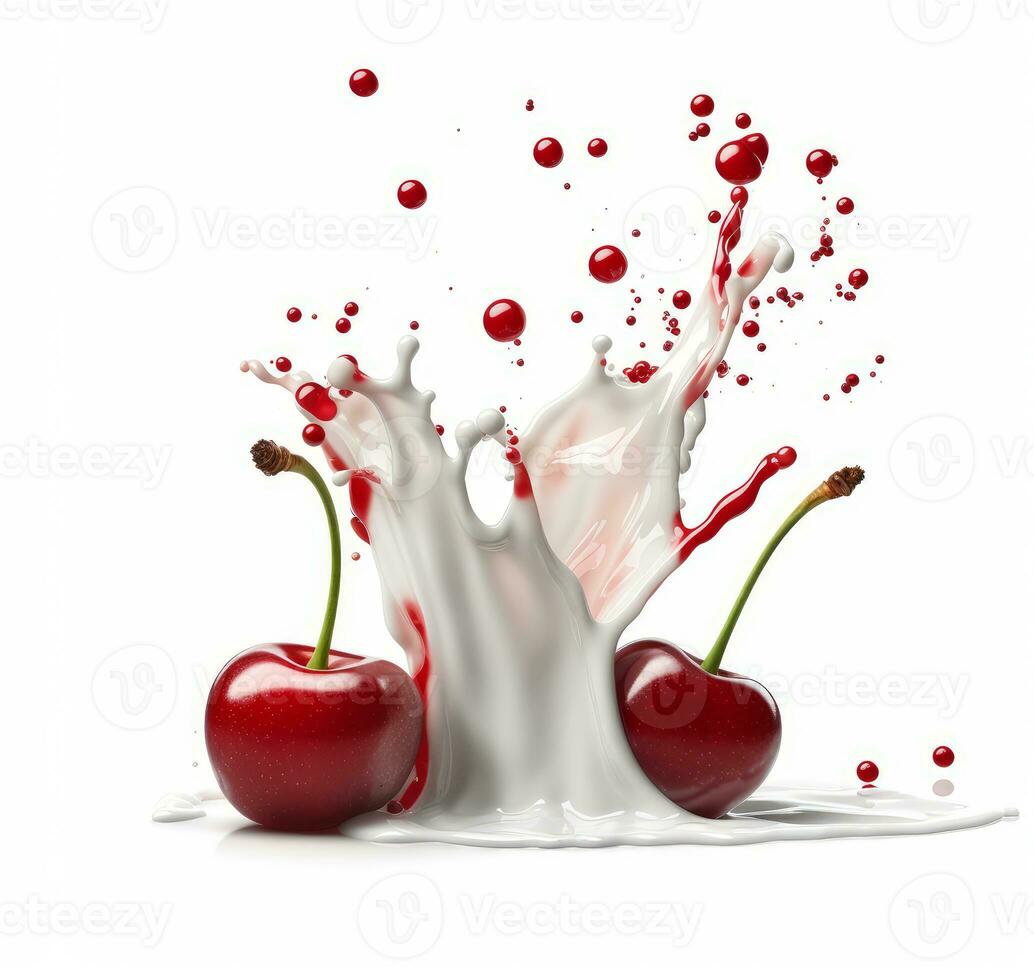 ai generative Cherry in milk splash isolated on white background. Realistic vector illustration. photo