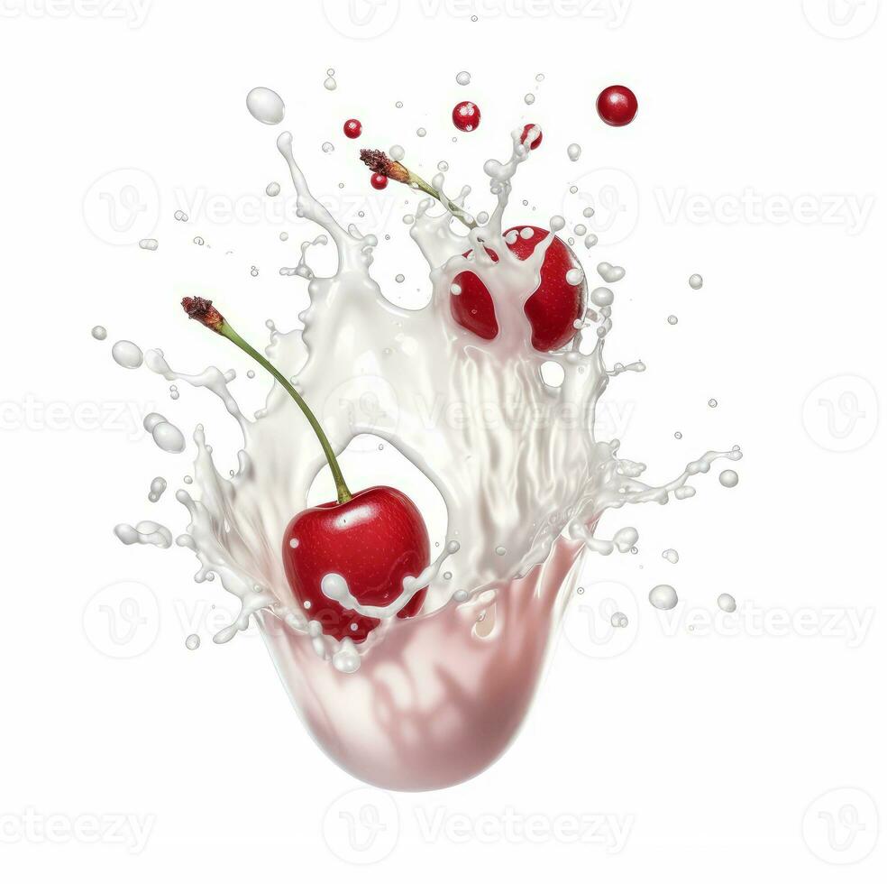ai generative Cherry and milk splash isolated on white background. 3d illustration photo