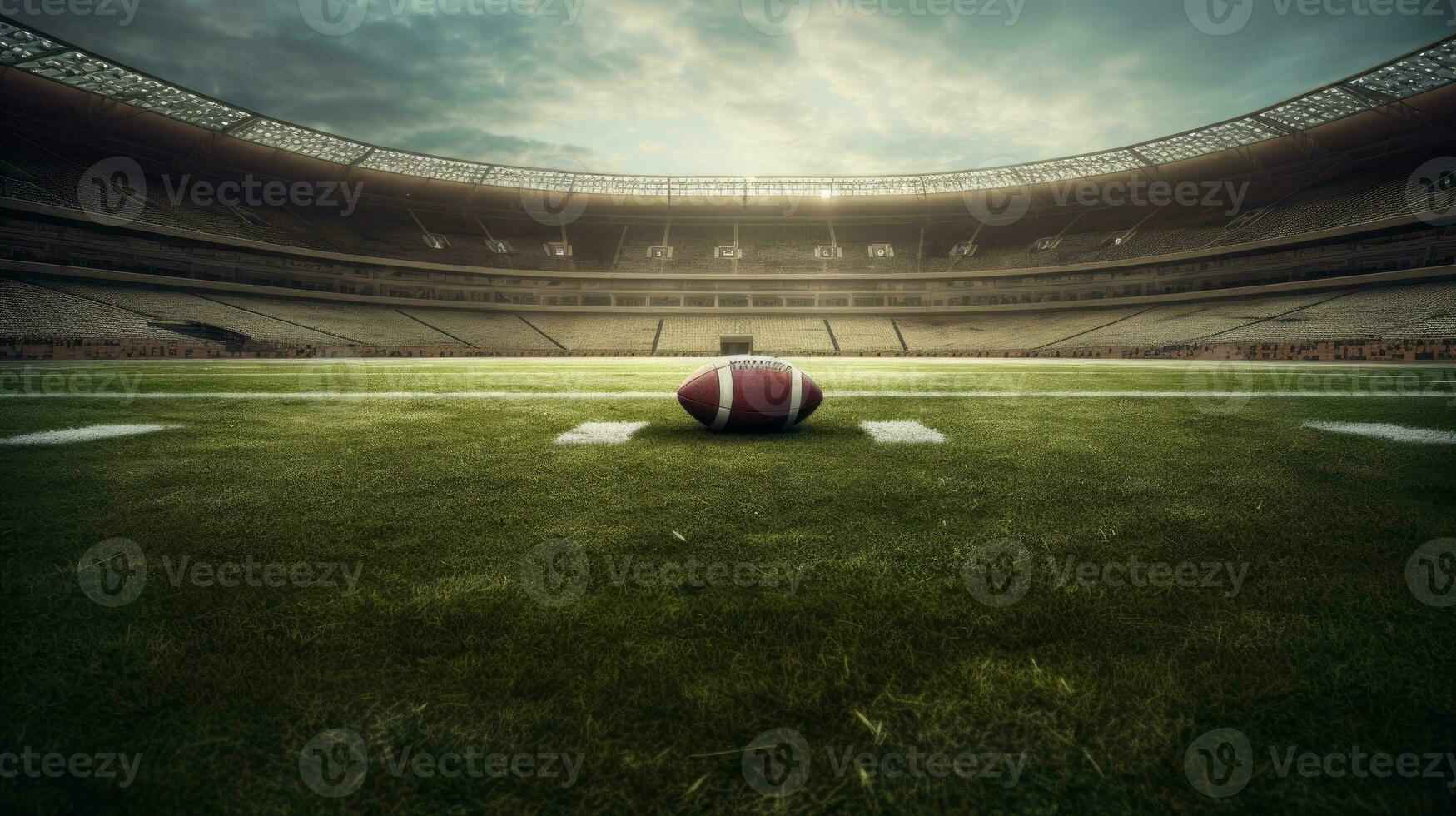 ai generative 3D rendering of a rugby ball on the field in a stadium photo