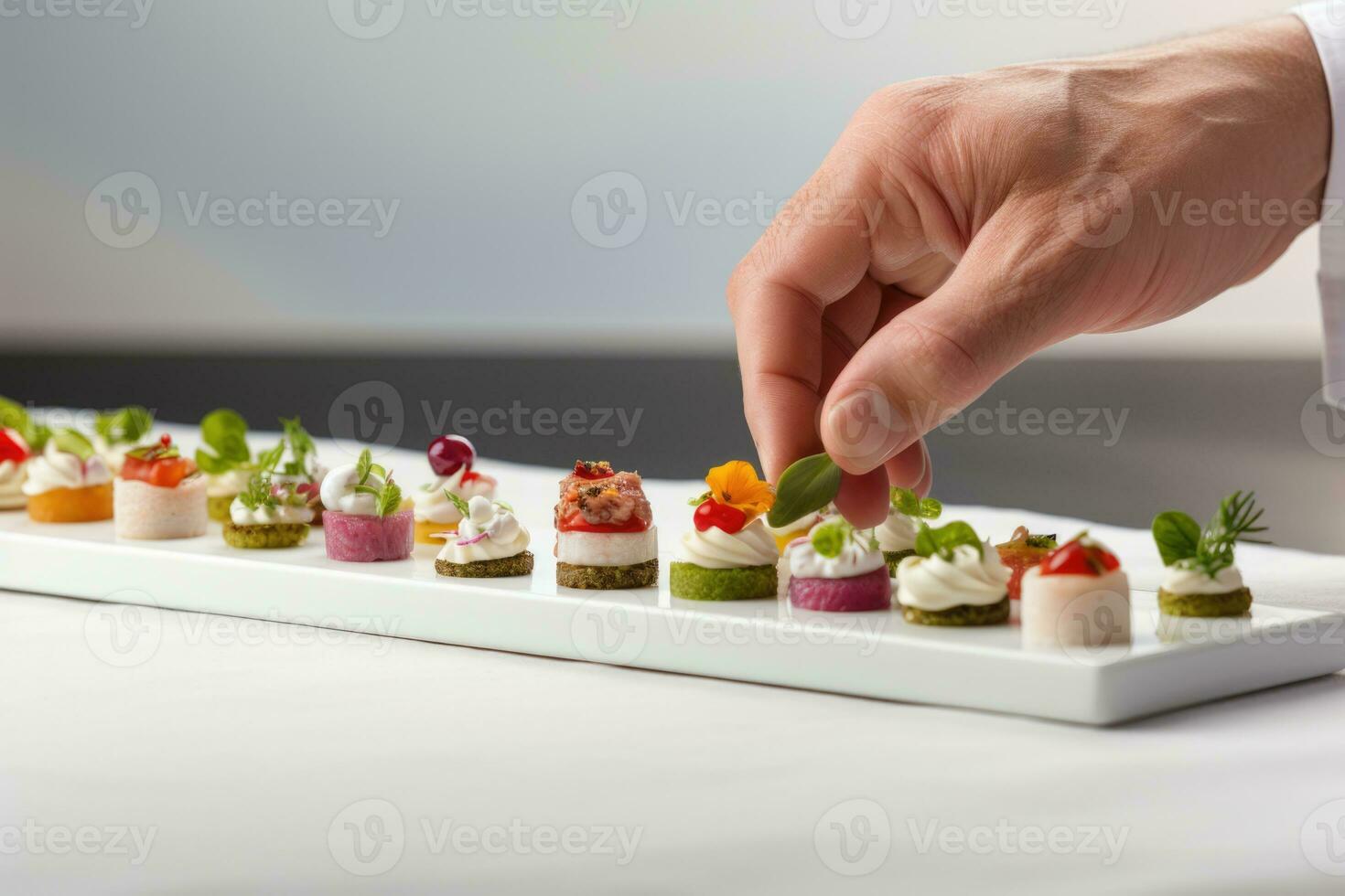 Accurate chefs hand placing final garnish on fingerfood isolated on a white background photo