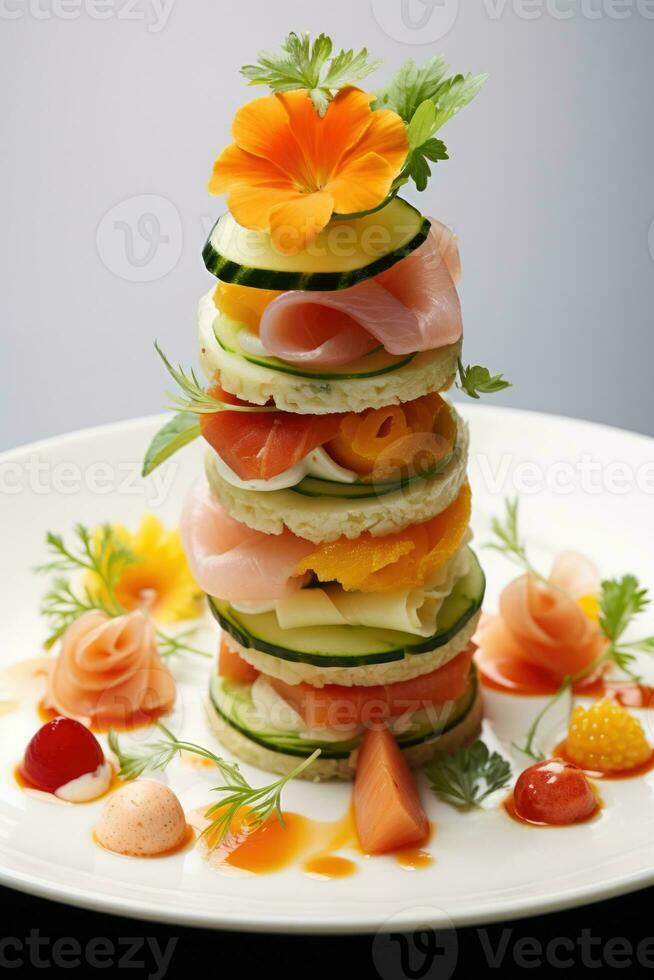 Exquisito comer con los dedos arreglado artísticamente por cocinero aislado en un blanco antecedentes foto