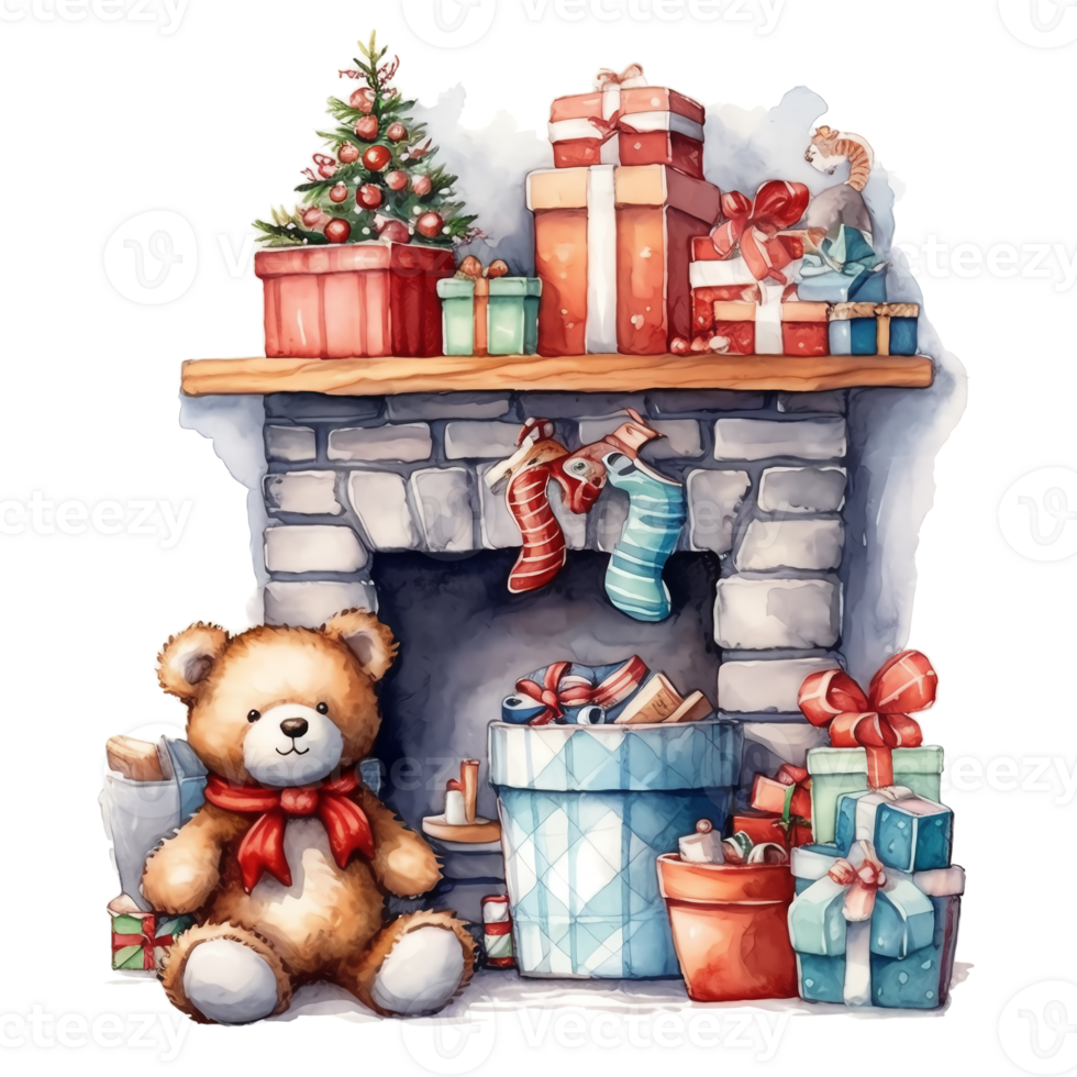 waterverf Kerstmis sticker haard met geschenken. Kerstmis geschenken, sok, teddy beer. ai gegenereerd png