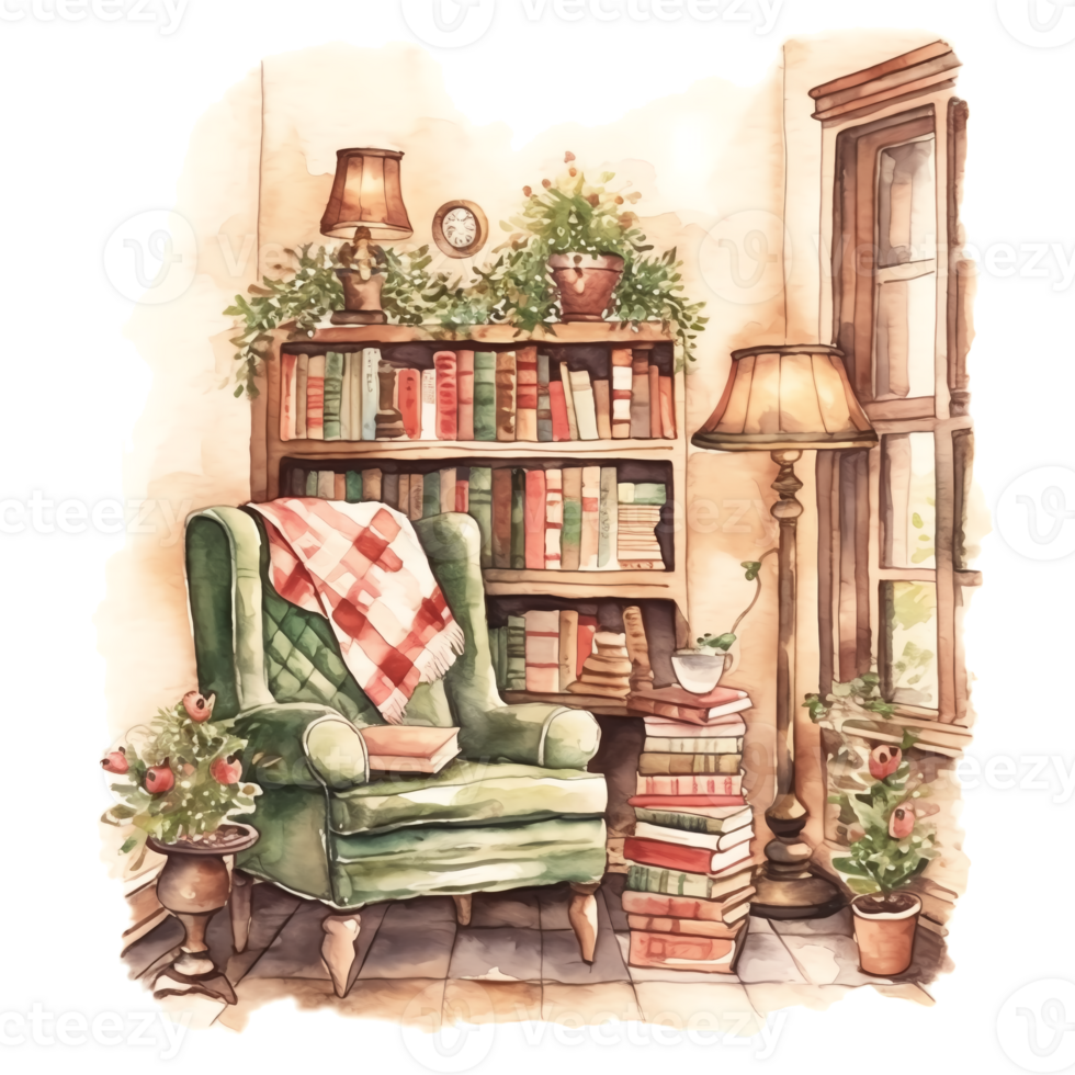 Watercolor Christmas Cozy Reading Corner Sublimation. ai generated png