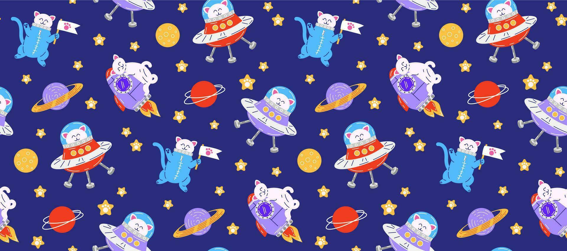 Colorful seamless pattern with pets. Vector background with cute cats in space. Childish abstract print. Pet pattern. Isolated background.