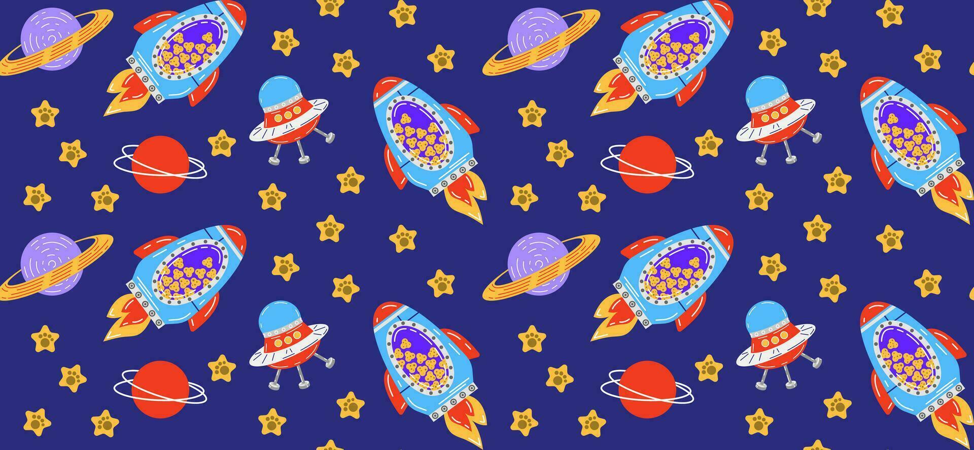 Colorful seamless pattern with pets. Vector background with cute cats in space. Childish abstract print. Pet pattern. Isolated background.