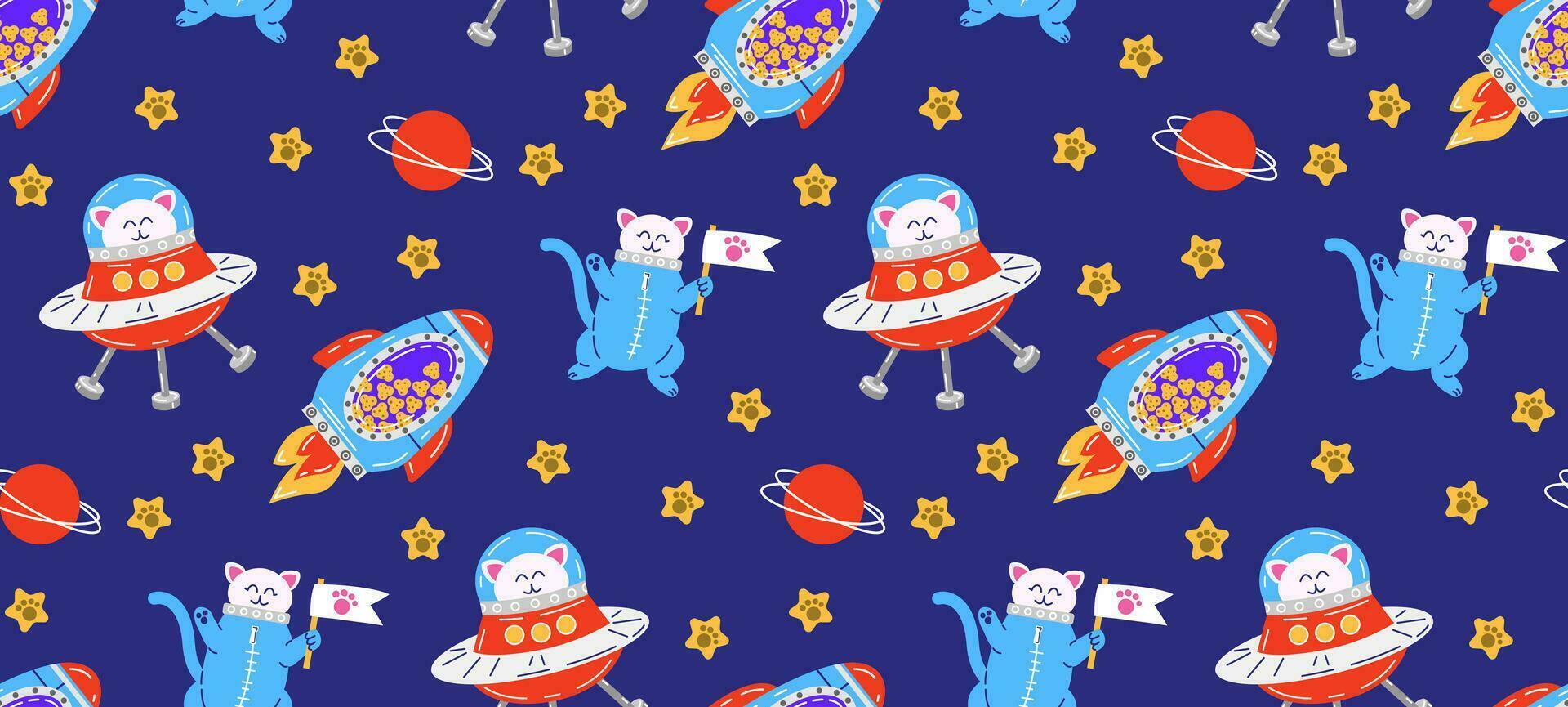 Colorful seamless pattern with pets. Vector background with cute cats in space. Childish abstract print. Pet pattern. Isolated background.