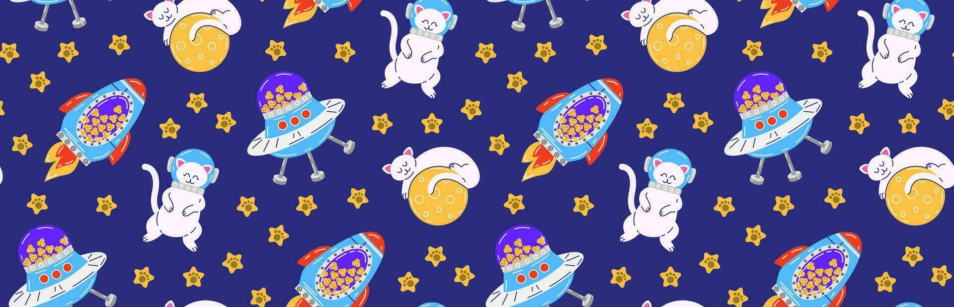 Colorful seamless pattern with pets. Vector background with cute cats in space. Childish abstract print. Pet pattern. Isolated background.