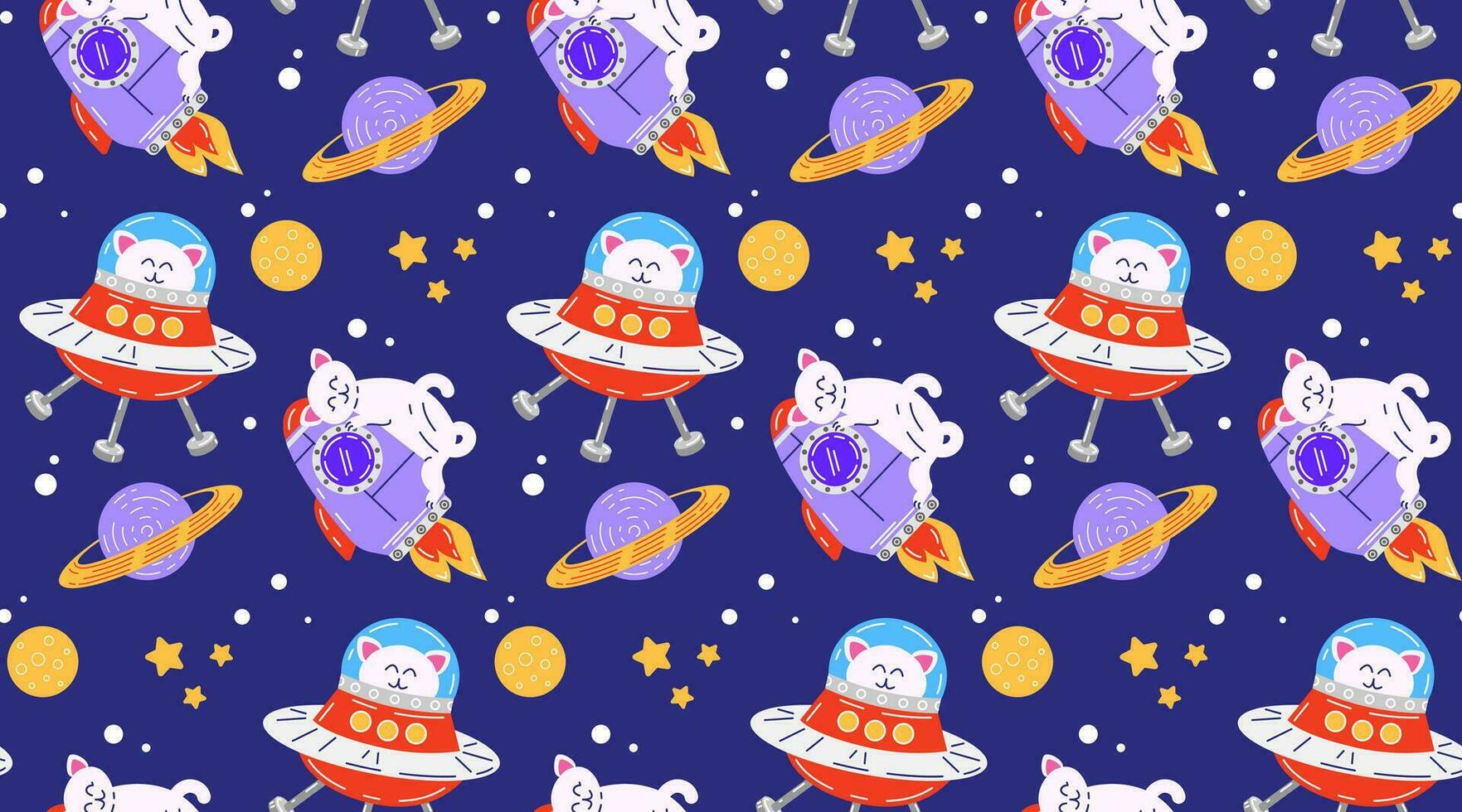 Colorful seamless pattern with pets. Vector background with cute cats in space. Childish abstract print. Pet pattern. Isolated background.