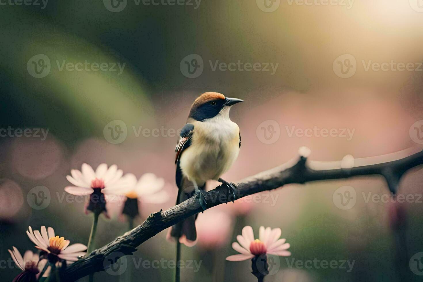 a small bird sits on a branch in front of pink flowers. AI-Generated photo