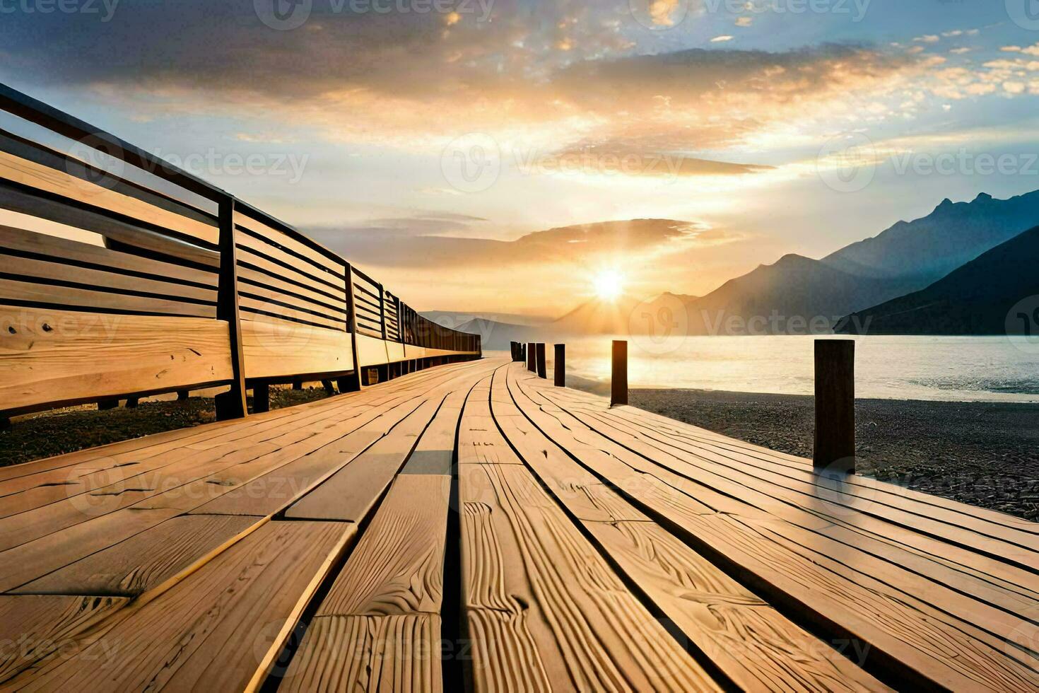 a wooden boardwalk leads to the ocean and mountains. AI-Generated photo