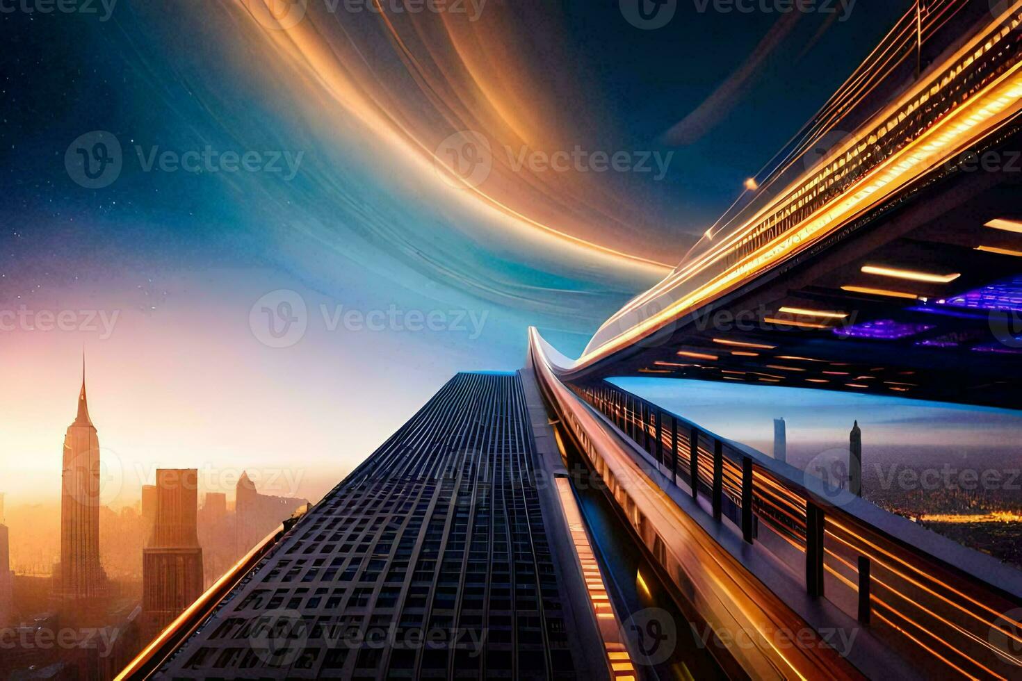 a long exposure photograph of a city skyline at night. AI-Generated photo