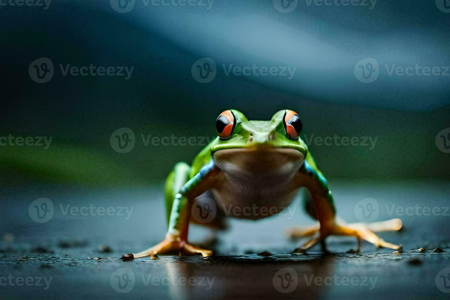 a frog with red eyes sitting on the ground. AI-Generated photo