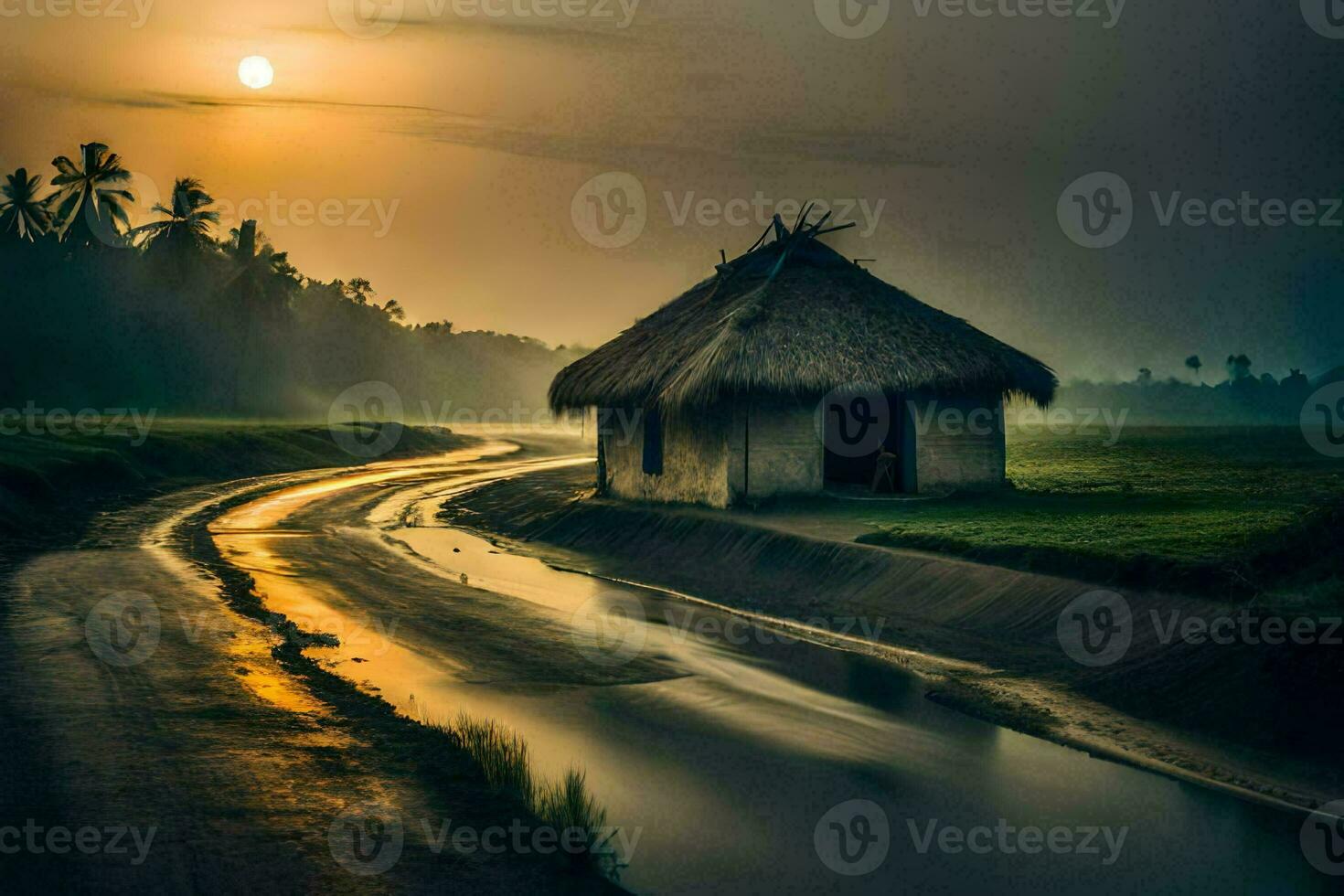 the sun rises over a small hut in the middle of a field. AI-Generated photo