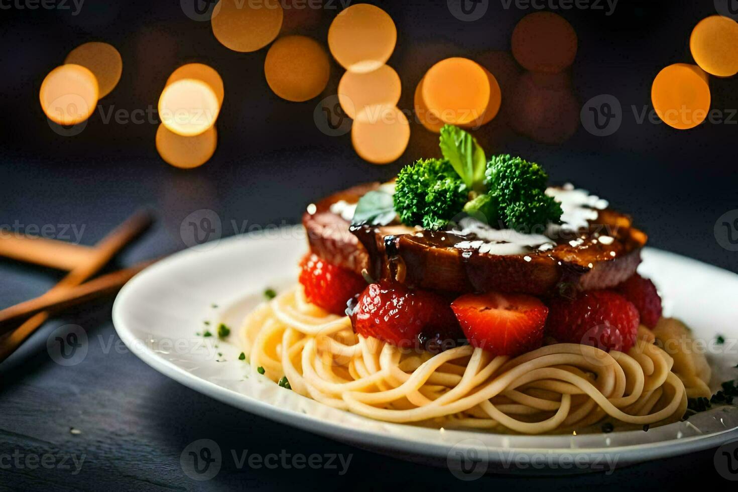 a plate with spaghetti and strawberries on it. AI-Generated photo