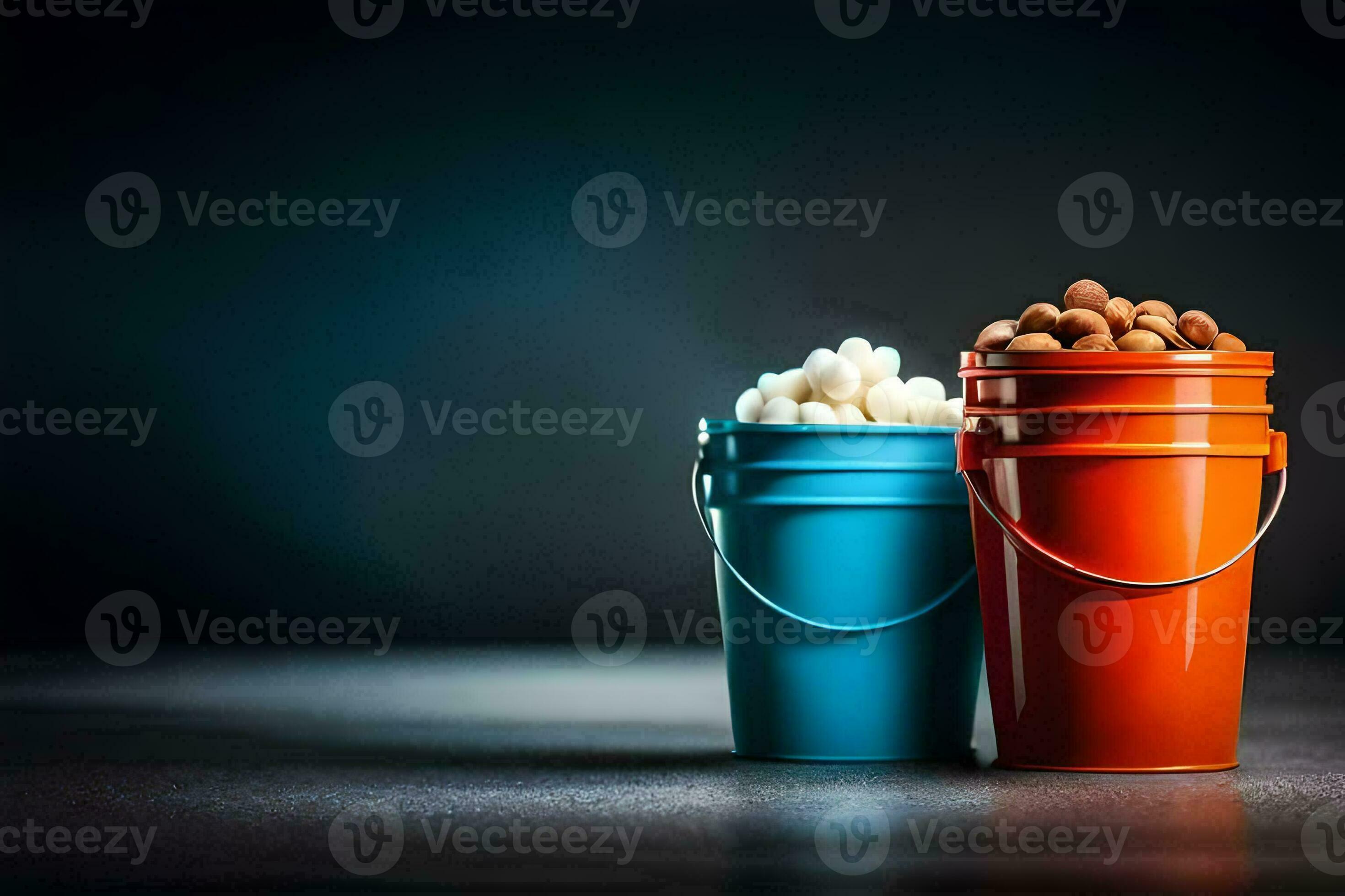 two buckets of nuts on a dark background. AIGenerated 33585209 Stock