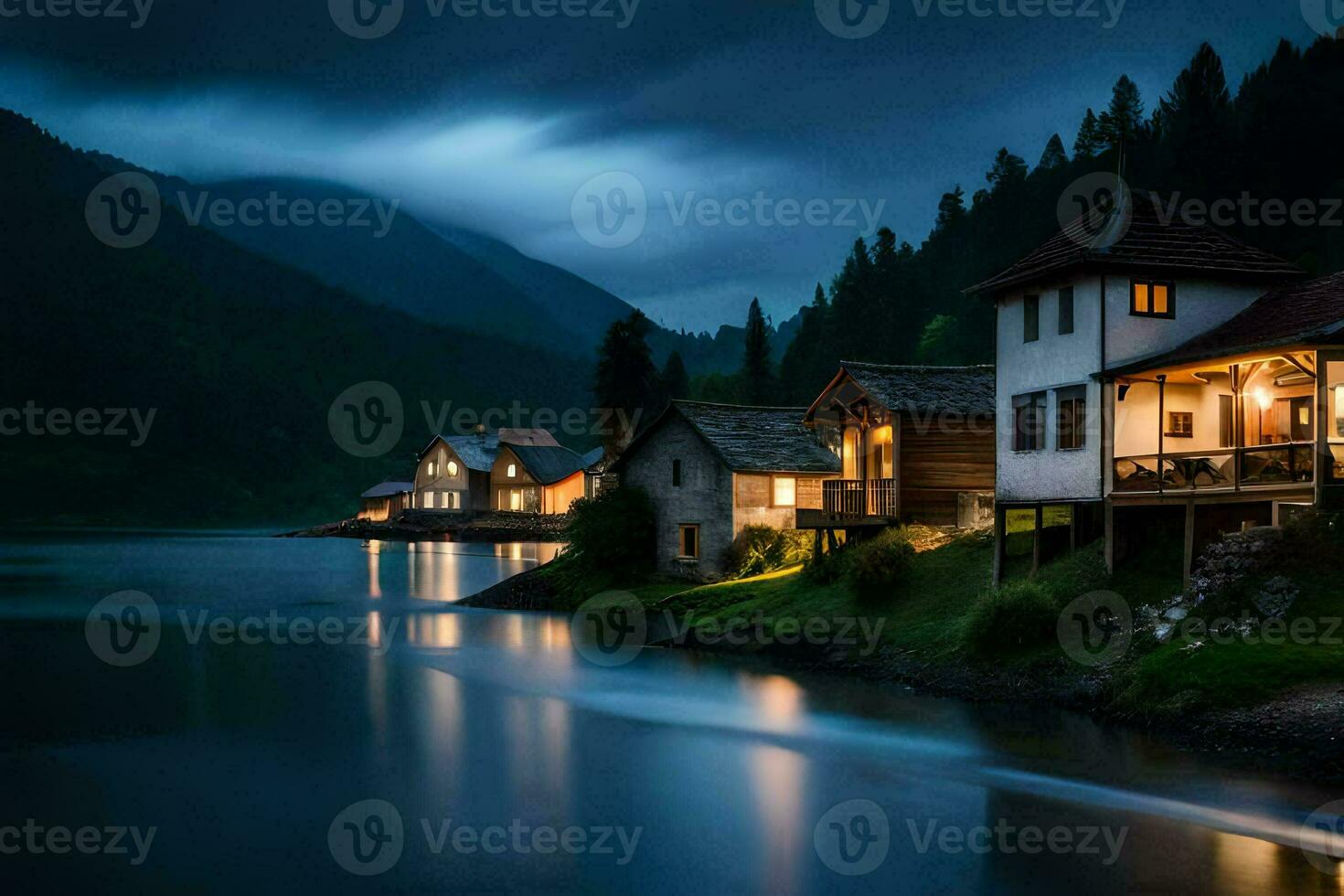 photo wallpaper the sky, mountains, lake, house, night, the mountains, the lake,. AI-Generated