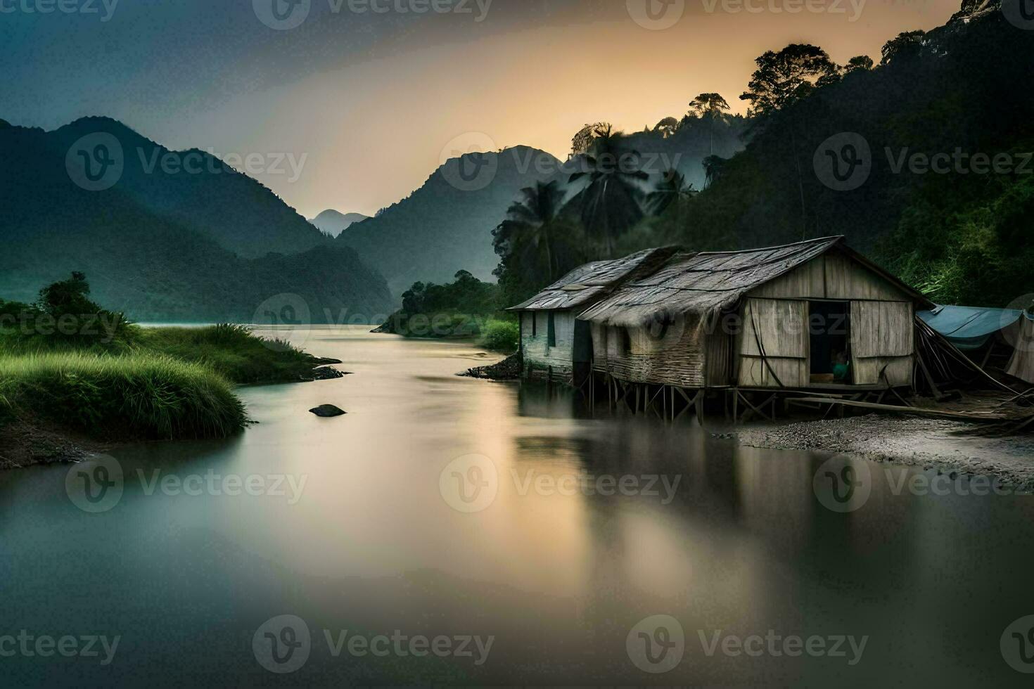 a small hut sits on the shore of a river. AI-Generated photo