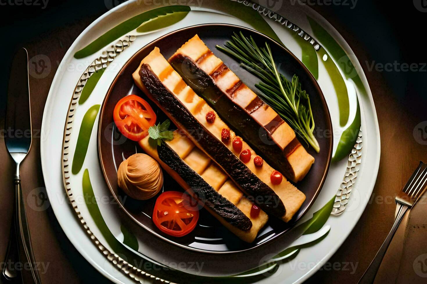 a plate with grilled vegetables and tomatoes. AI-Generated photo