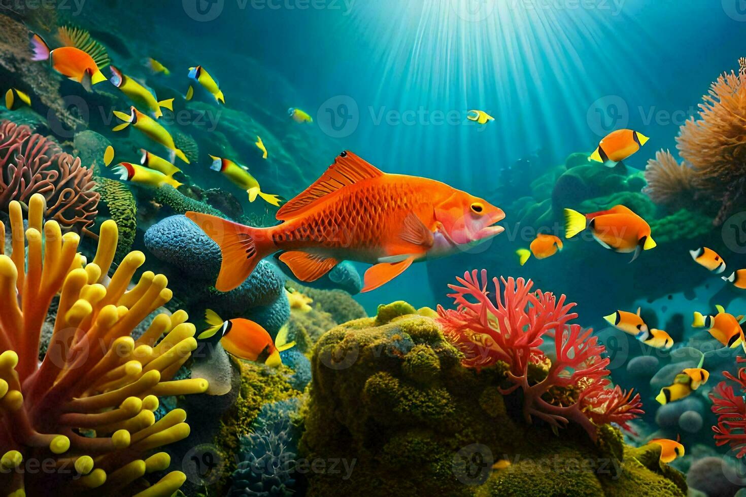 an underwater scene with many fish and coral. AI-Generated photo