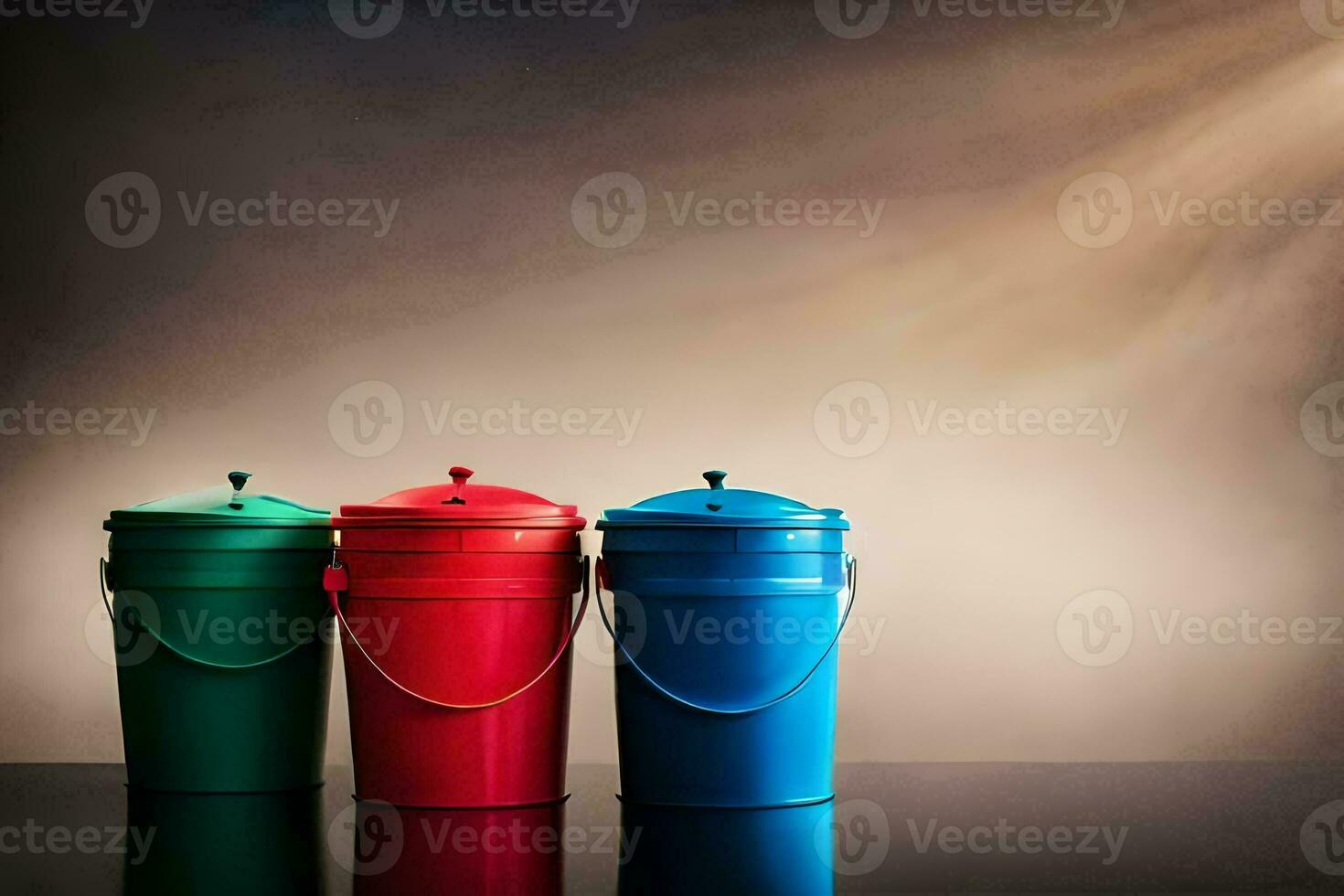 three colorful buckets on a table with a dark background. AI-Generated photo